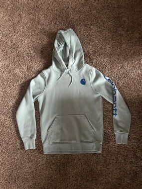 Carhartt Womens Sage Green Crewneck Hoodie with Blue Logo